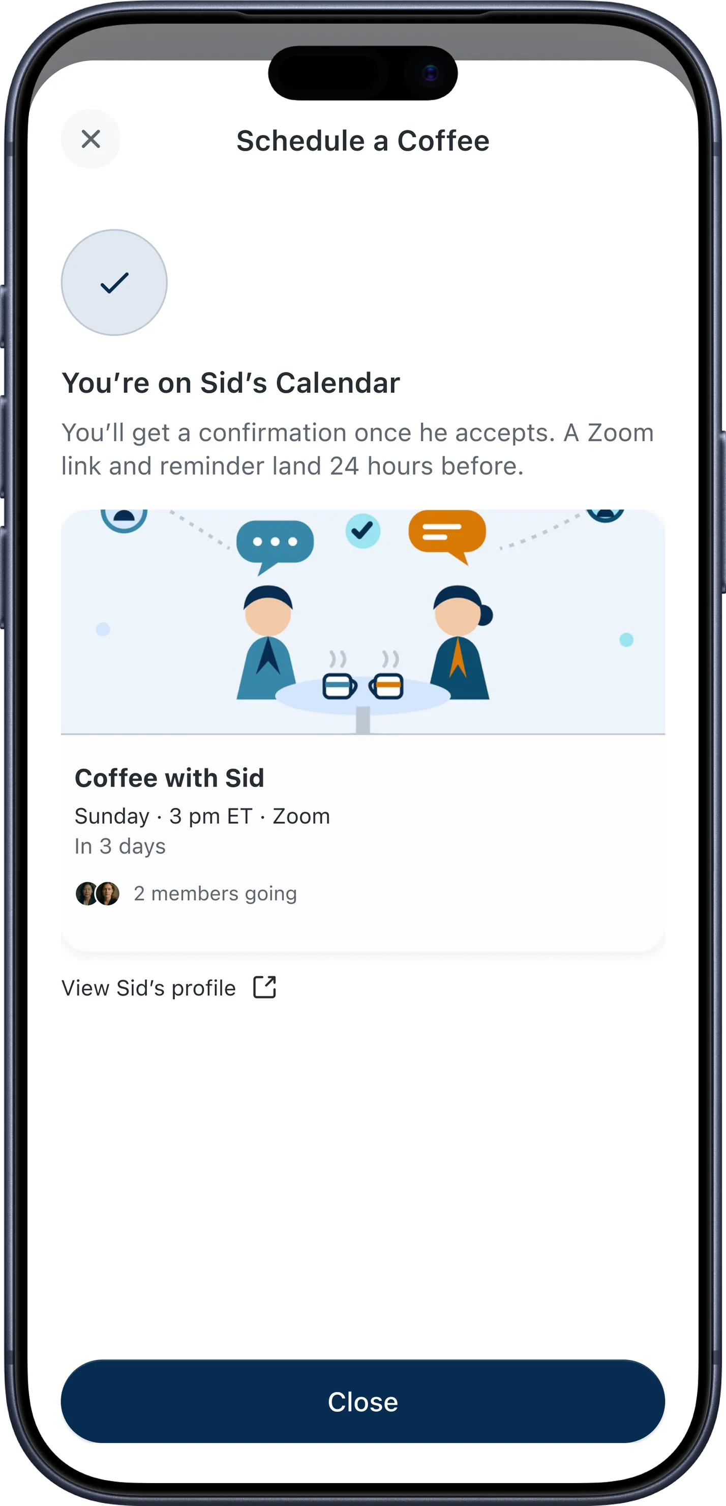 CEO XB confirmation screen saying you’re on Sid’s calendar, with the scheduled coffee chat details